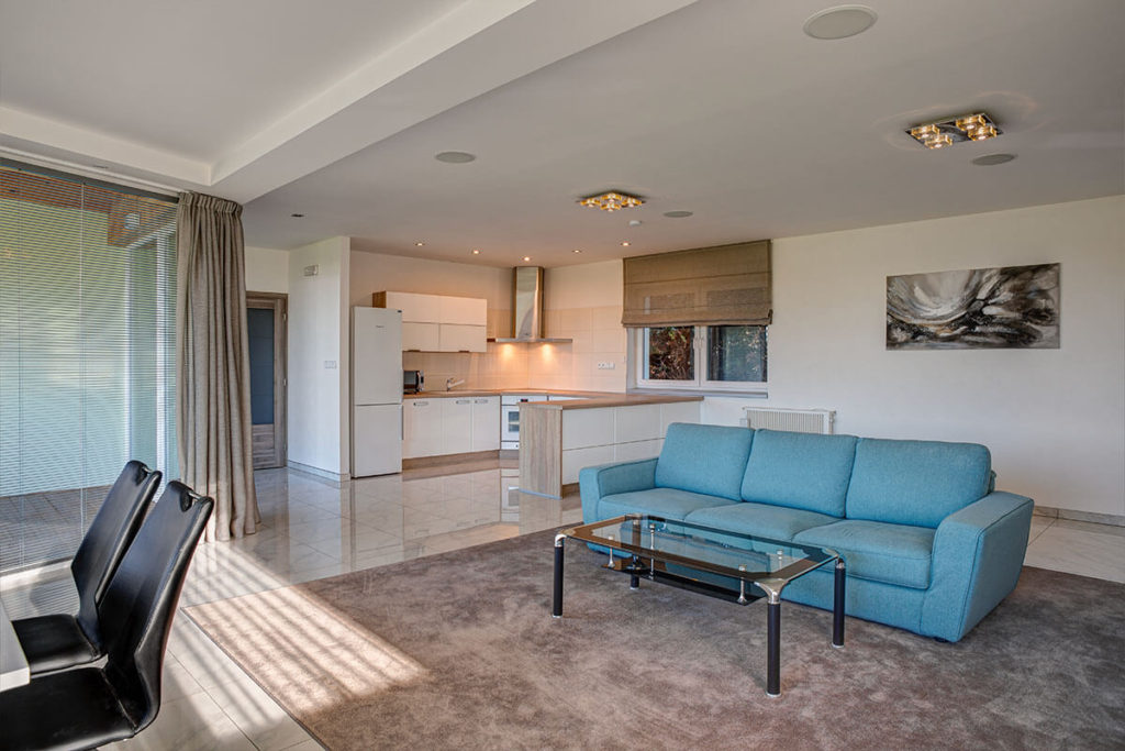 Moderní obývací pokoj v bungalovu s koženou sedačkou.